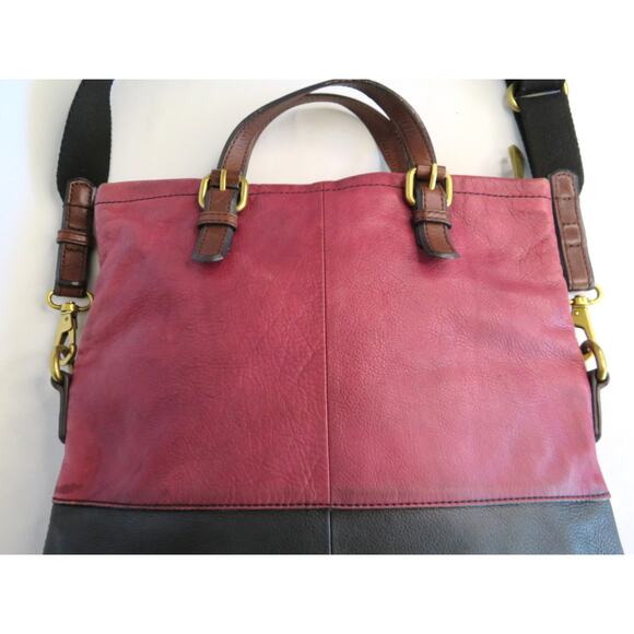 Vtg. FOSSIL Explorer Leather Tote Crossbody Shoulder Bag Black/Mauve - Picture 9 of 11